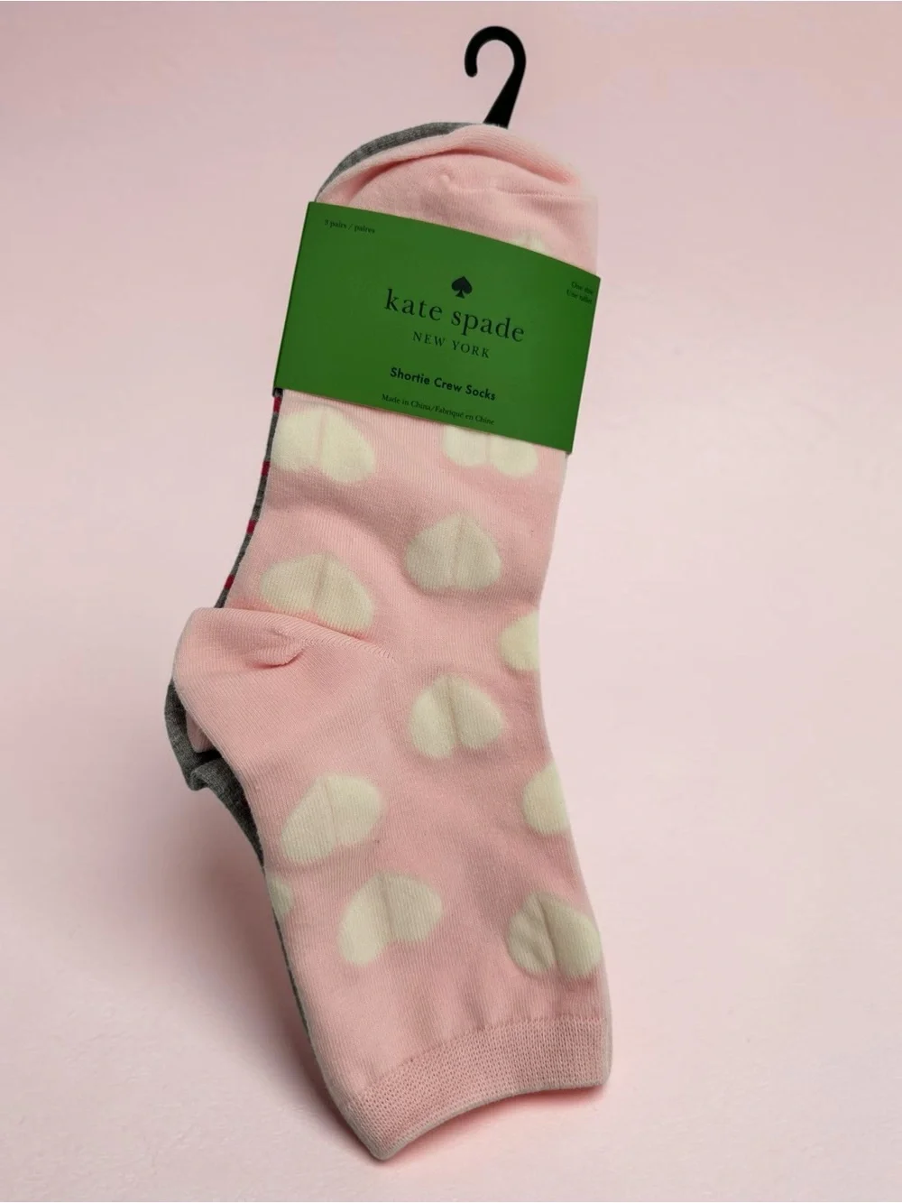 NWT Kate Spade New York Shortie Crew Socks 3 Pack Pink Hearts Gray Stripes